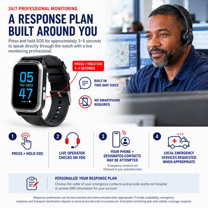 Medical Alert Rectangular Smart Watch For Seniors | Fall Detection