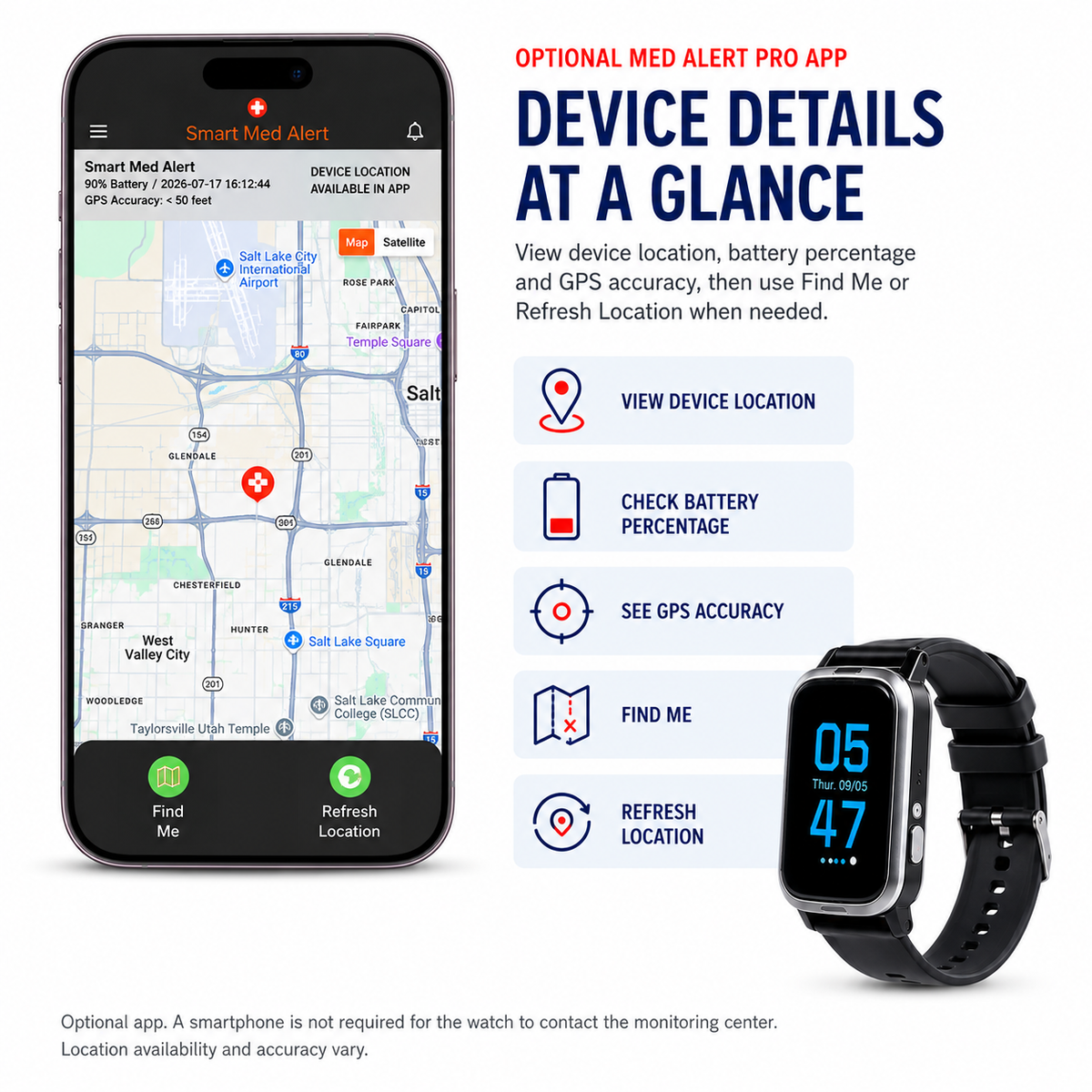Medical Alert Rectangular Smart Watch For Seniors | Fall Detection