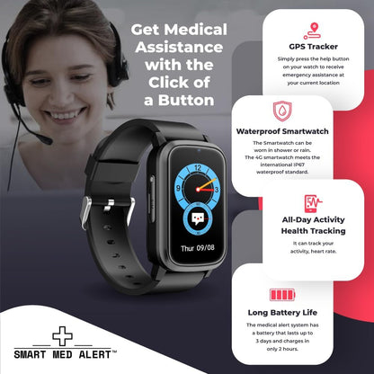 Elderly Cellular Medical Alert Device | Fall Detection, 24/7 Monitoring with Stay Connected in Style with Our 4G Cellular Rectangular Smart Watch